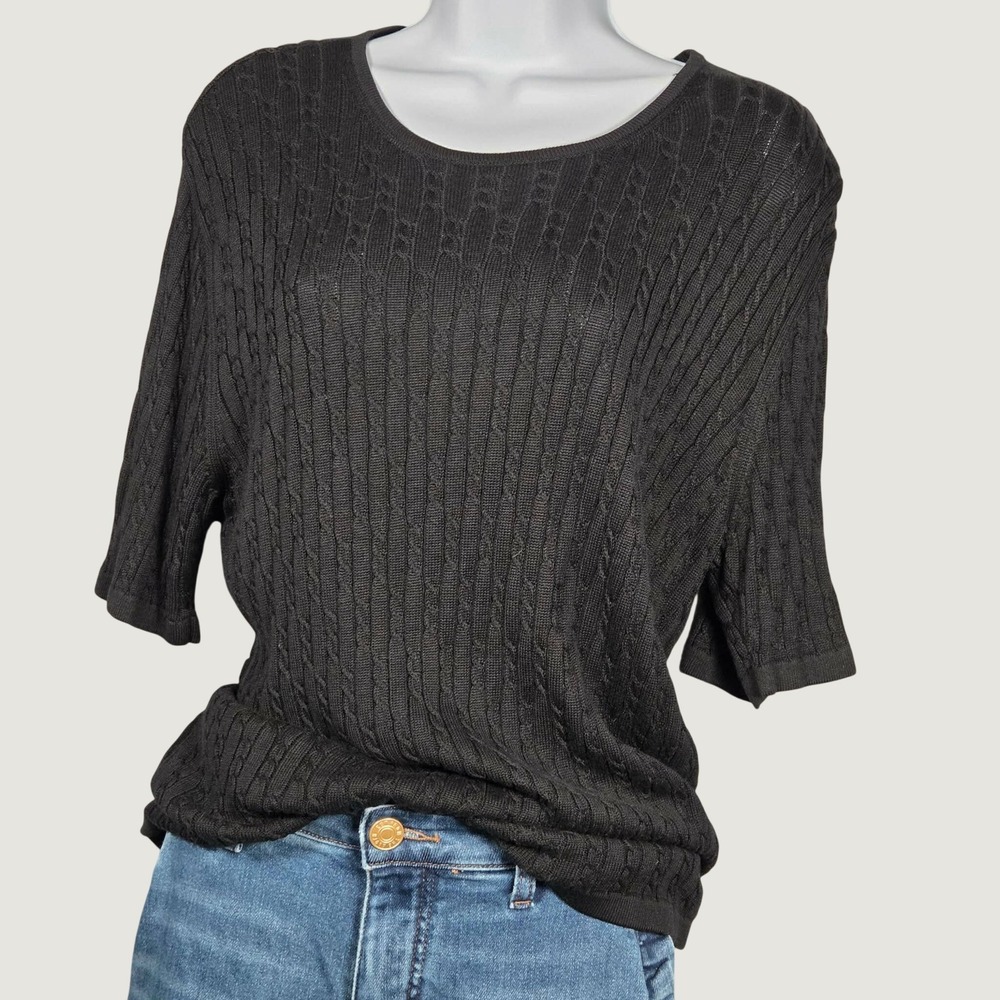 Talbots Women Large Short Sleeve Cable Knit 100% Silk Sweater Black Vintage 90s